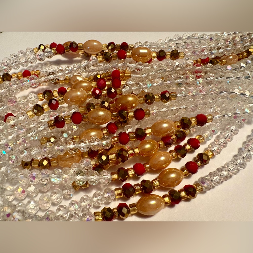 “RUBY” Advanced Elegant Iridescent Clear, Gold & Red Waistbeads 3rd Stage tie on - Picture 1 of 7